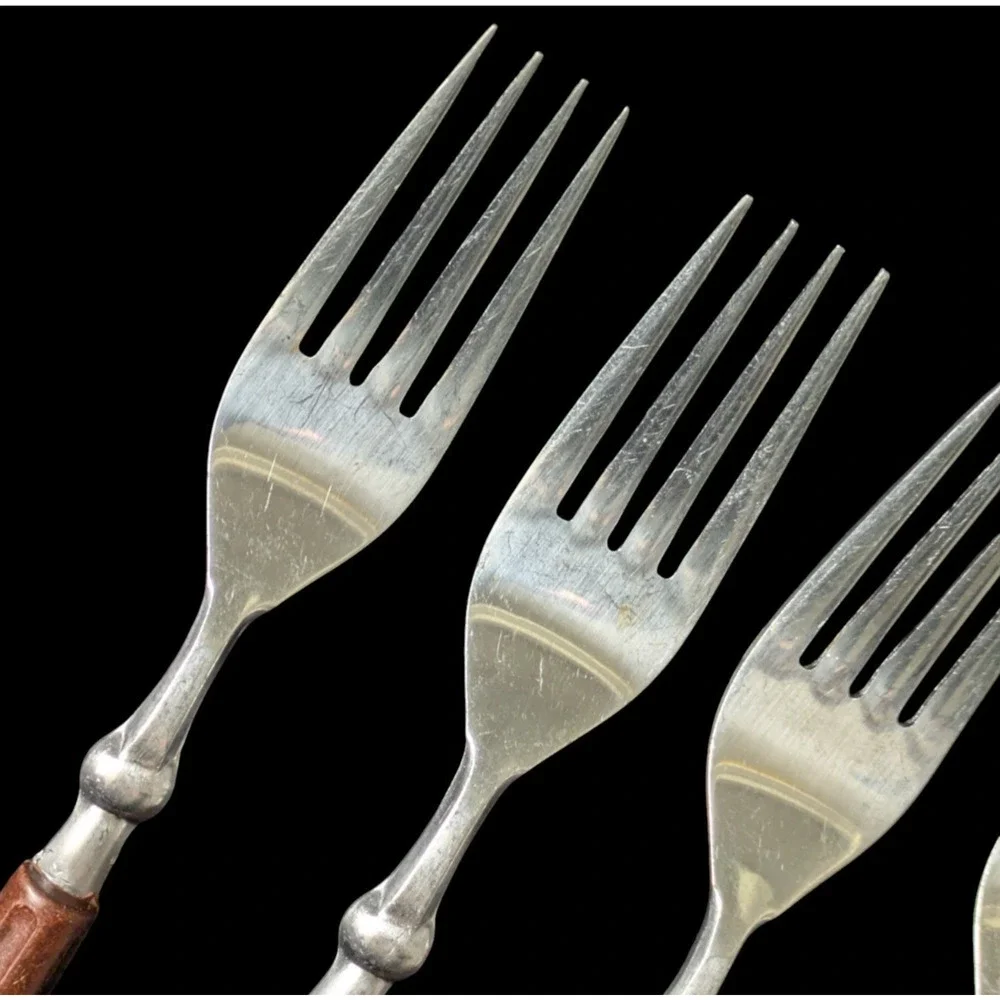 Vintage Oxford Hall Stainless Forks Japan Brown Plastic Handle 5 Pieces 1973 MCM